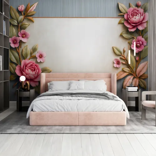 Çerçeveli Pembe Gül Kompozisyonu – Zarif Klasik Duvar Kağıdı