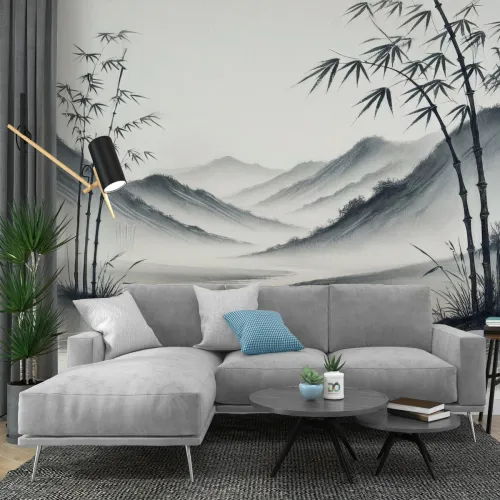 Bambu ve Sisli Dağ Manzarası Duvar Kağıdı