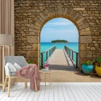 Taş Kemerden Deniz Manzaralı Ahşap İskele Duvar Kağıdı
