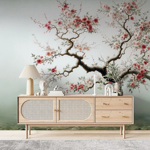 Sakura Çiçeği ve Dal Desenli Dijital Baskı Duvar Kağıdı Sakura Çiçeği ve Dal Desenli Dijital Baskı Duvar Kağıdı