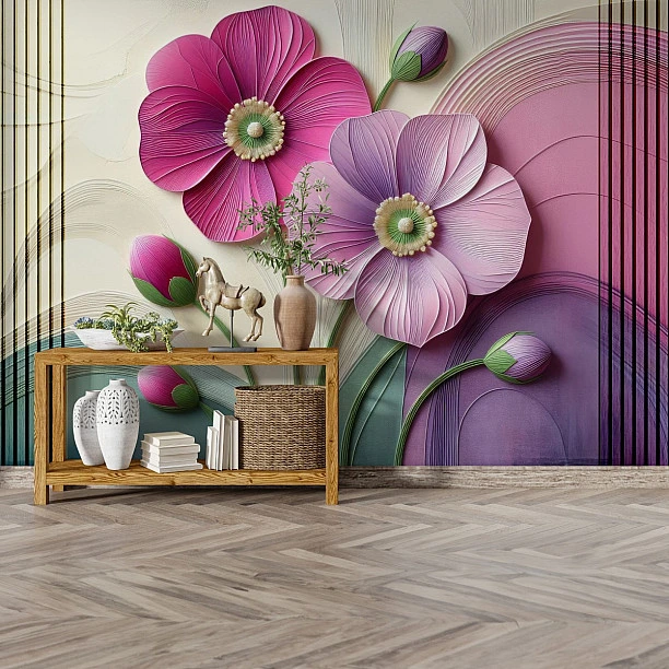 Pastel Tonlarda Çiçek Desenli 3D Dijital Baskı Duvar Kağıdı Pastel Tonlarda Çiçek Desenli 3D Dijital Baskı Duvar Kağıdı