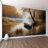 Sonbahar Manzaralı Tekne ile Göl Duvar Posteri