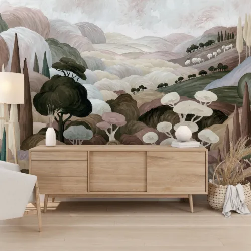 Pastel Renkli Soyut Orman Manzarası Temalı Sanatsal Duvar Kağıdı