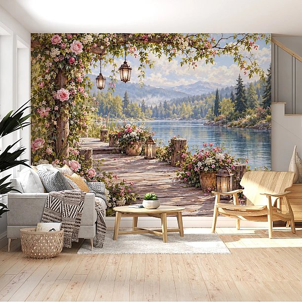 Güllü ve Fenerli Göl İskelesi Duvar Kağıdı Salon duvarında pembe güller, asılı fenerler ve çiçekli iskele üzerinden göle açılan orman ve dağ manzaralı duvar kağıdı