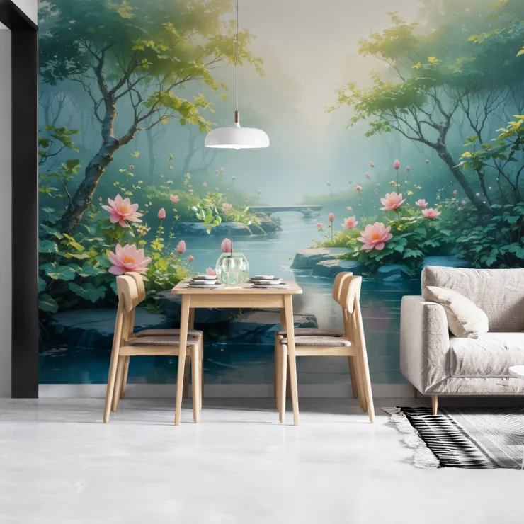 Pembe Lotus Çiçekli Sisli Orman Deresi Dijital Baskı Duvar Kağıdı
