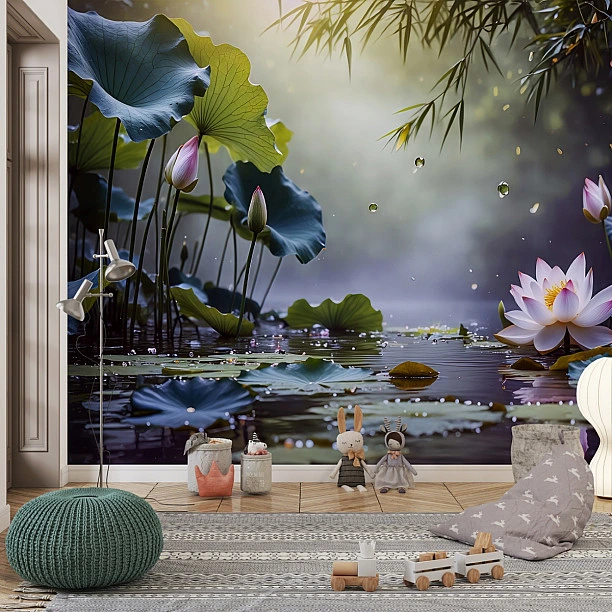 Lotus Göleti ve Bambu Yaprakları Dijital Baskı Duvar Kağıdı Lotus Göleti ve Bambu Yaprakları Dijital Baskı Duvar Kağıdı