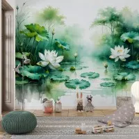 Beyaz Lotus Çiçekleri ve Nilüfer Yaprakları Suluboya Duvar Kağıdı