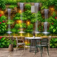 Tropik Şelale ve Yeşil Bitki Temalı 3D Doğa Duvar Kağıdı