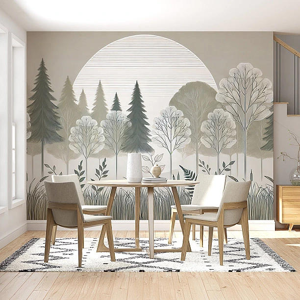 Modern Çizgisel Ağaçlar ve Güneş Duvar Kağıdı Modern Çizgisel Ağaçlar ve Güneş Duvar Kağıdı