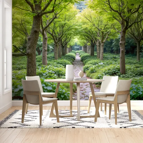 Yeşil Ağaçlı Orman Yolu Manzara Desenli 3D Duvar Kağıdı