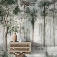 Tropik Orman Temalı Su Yeşili Tonlarda Sanatsal Duvar Kağıdı