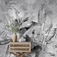 Gri Tonlarda Tropikal Yaprak Deseni – Modern Sanatsal Duvar Kağıdı