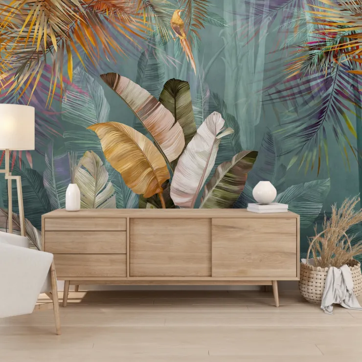 Tropikal Yaprak ve Egzotik Kuş Desenli Modern Duvar Kağıdı