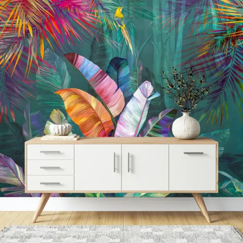 Canlı Tropikal Yaprak ve Egzotik Kuş Desenli Renkli Duvar Kağıdı Canlı Tropikal Yaprak ve Egzotik Kuş Desenli Renkli Duvar Kağıdı