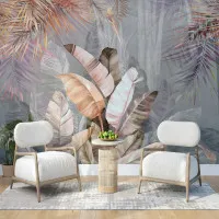 Pastel Tropikal Yaprak ve Kuş Desenli Modern Duvar Kağıdı