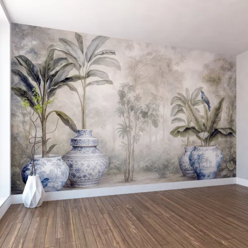 Vazolu Tropik Bitkiler Temalı Sanatsal Duvar Kağıdı