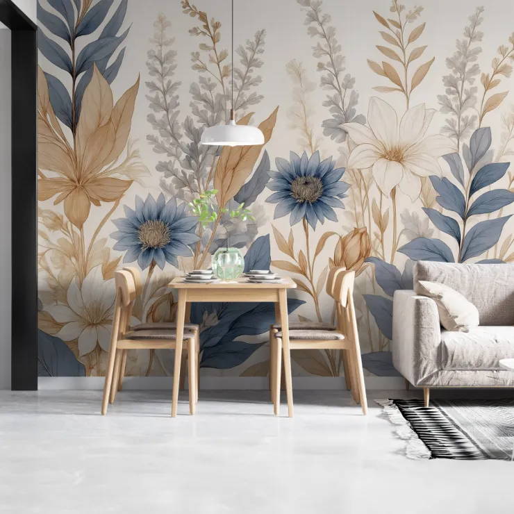 Mavi ve Bej Çiçek Desenli Sanatsal Duvar Kağıdı Mavi ve Bej Çiçek Desenli Sanatsal Duvar Kağıdı