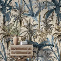 Tropikal Palmiye ve Yaprak Desenli Modern Duvar Kağıdı
