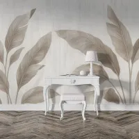 Bej Tonlarında Minimal Büyük Yaprak Desenli Modern Duvar Kağıdı
