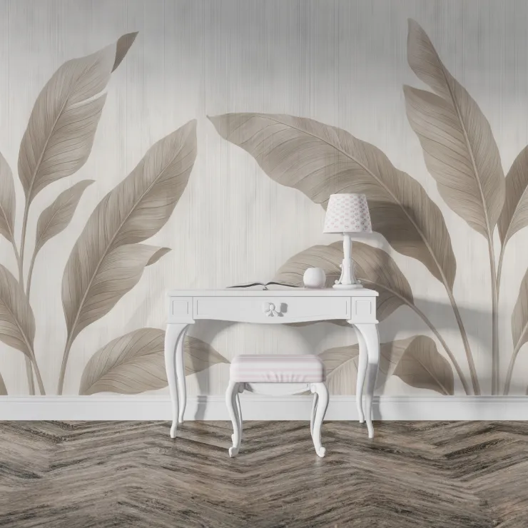 Bej Tonlarında Minimal Büyük Yaprak Desenli Modern Duvar Kağıdı