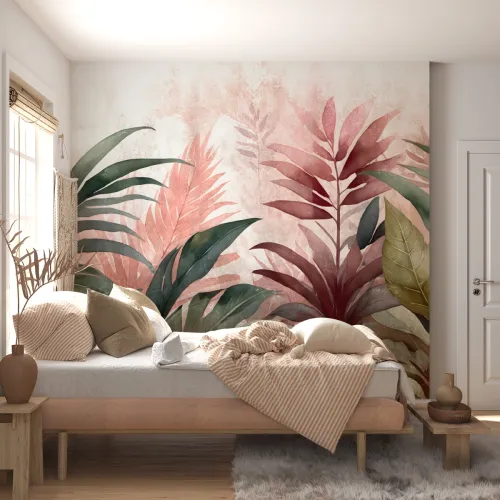 Soft Pembe ve Yeşil Tropikal Yapraklar Temalı Modern 3D Duvar Kağıdı