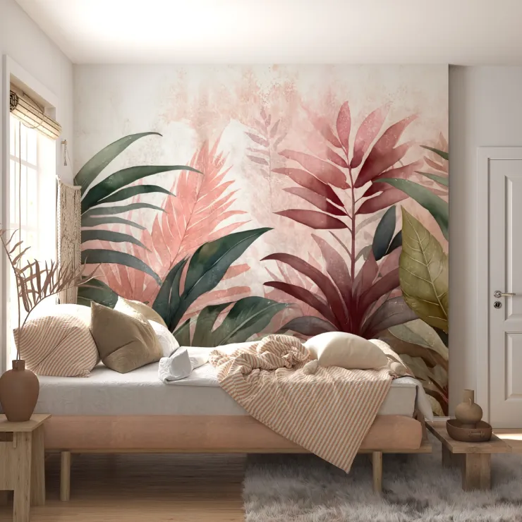 Soft Pembe ve Yeşil Tropikal Yapraklar Temalı Modern 3D Duvar Kağıdı Soft Pembe ve Yeşil Tropikal Yapraklar Temalı Modern 3D Duvar Kağıdı