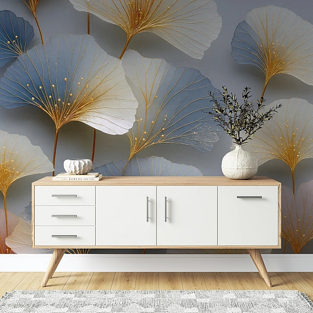 3D Altın ve Mavi Ginkgo Yaprak Desenli Dijital Duvar Kağıdı 3D Altın ve Mavi Ginkgo Yaprak Desenli Dijital Duvar Kağıdı