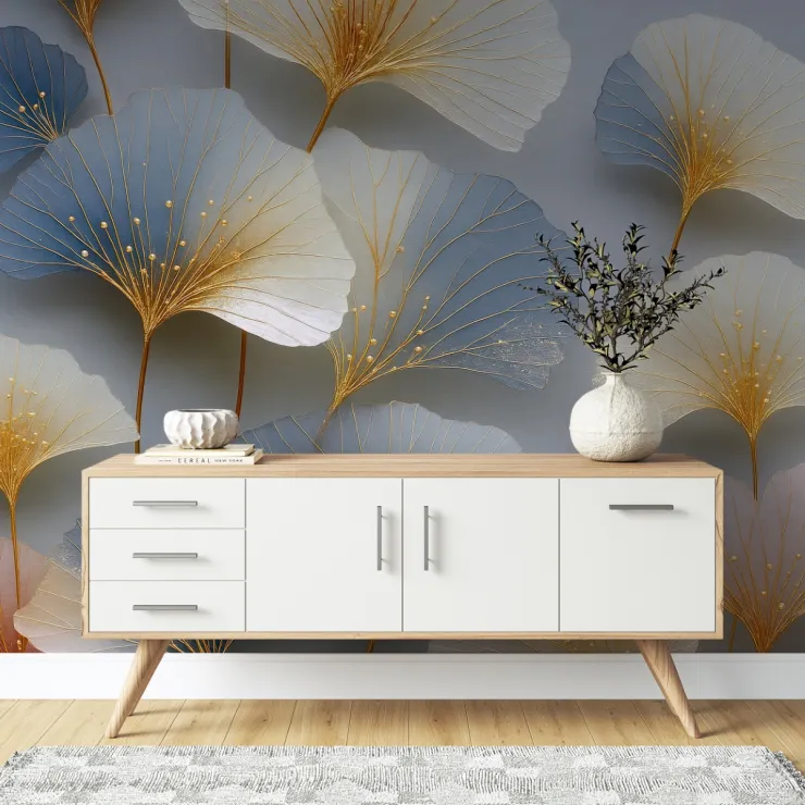 3D Altın ve Mavi Ginkgo Yaprak Desenli Dijital Duvar Kağıdı