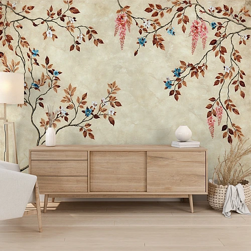 Sonbahar Çiçekli Dal Desenli Duvar Kağıdı
